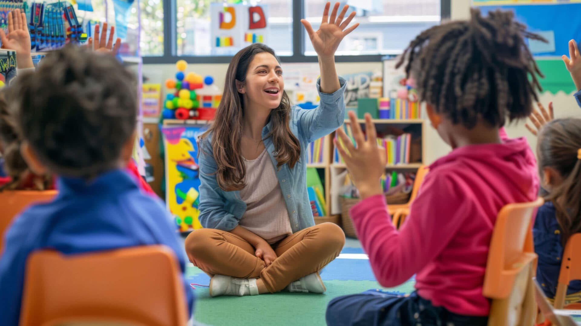 A Little Giants teacher smiling with her students